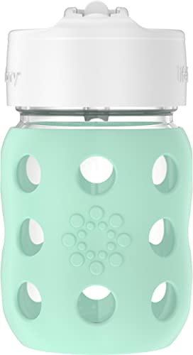 Lifeyactory 8-Ounce Wide Neck Glass Baby Bottle for Babies with Protective Silicone Sleeve and Pivot Straw Cap, Mint Fla