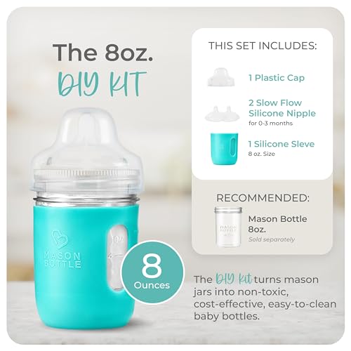 Mason Bottle Glass Baby Bottle DIY Kit for Moms – Fits 8oz Mason Jars – Includes 2X Slow Flow Nipples, Silicone Sleeve,