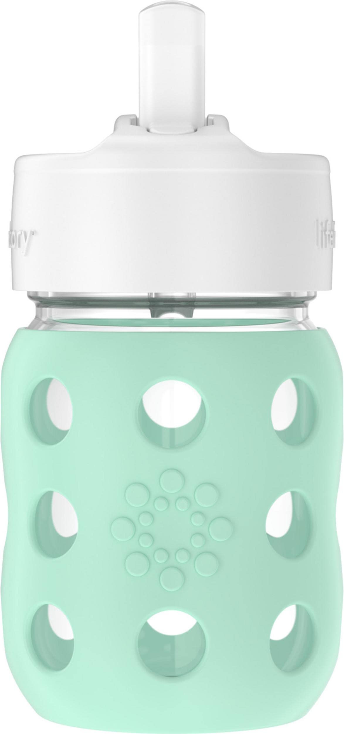 Lifeyactory 8-Ounce Wide Neck Glass Baby Bottle for Babies with Protective Silicone Sleeve and Pivot Straw Cap, Mint Fla