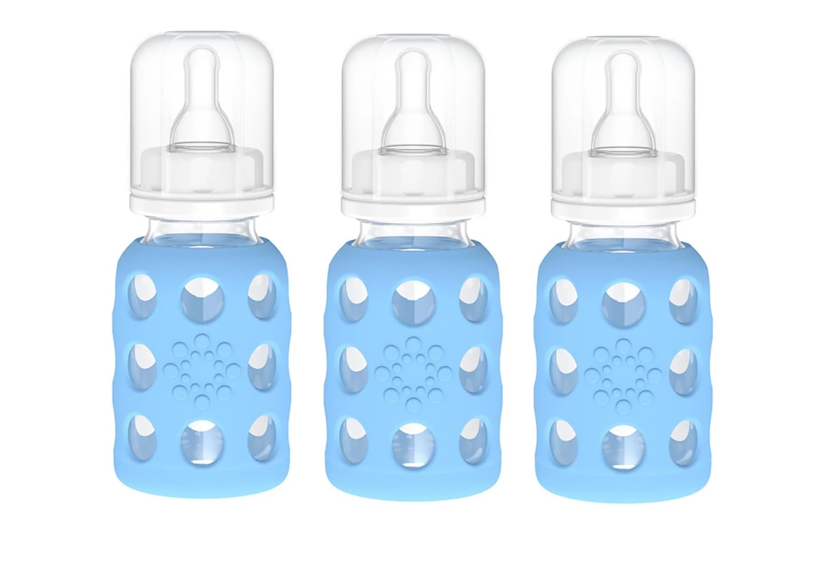 Lifefactory Glass Baby Bottles with Silicone Protection - 3-Pack, 4 oz Bottles, Sky Blue for Newborns - Travel and Feedi