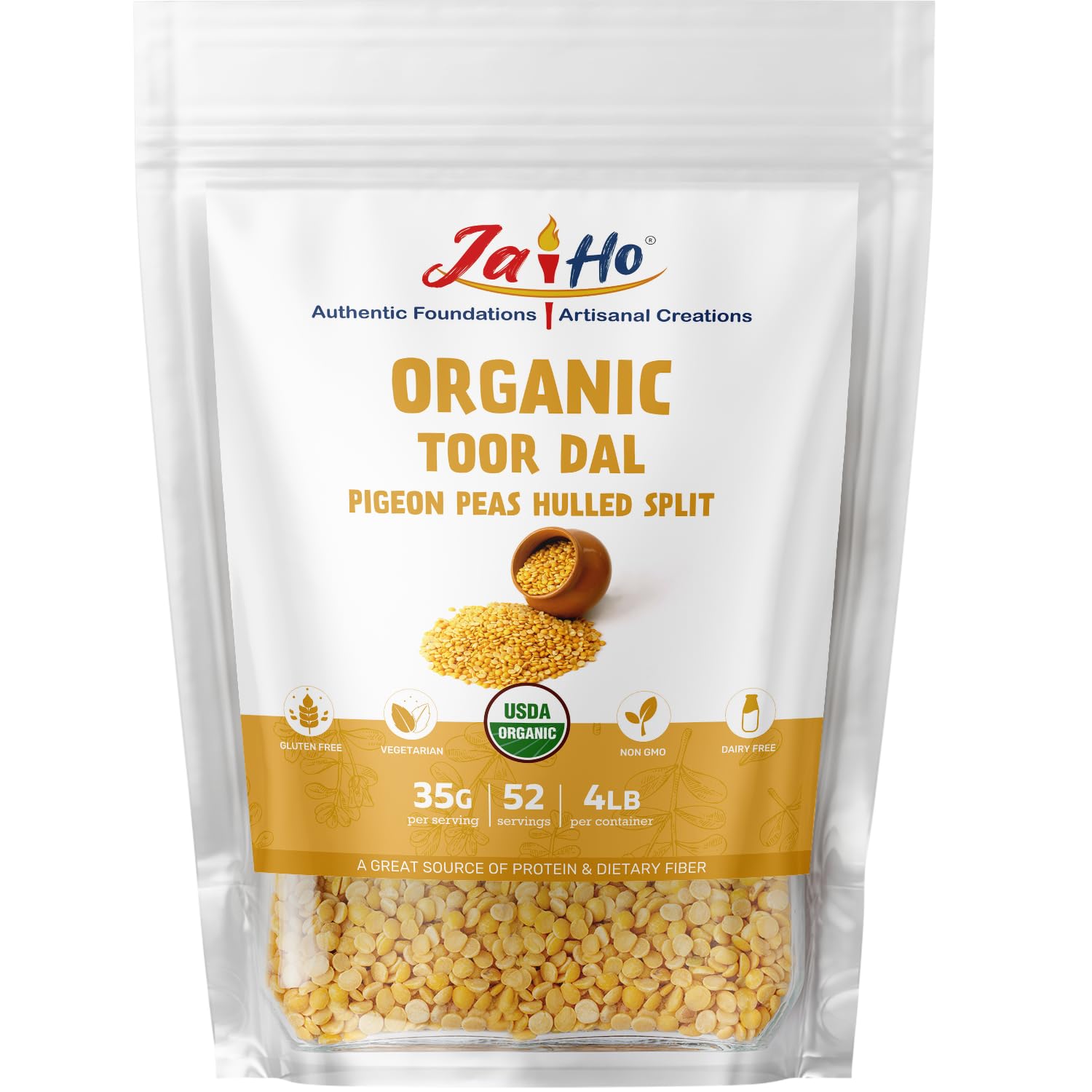  Certified Organic Jai Ho Toor Daal 4 lb | USDA Organic Pigeon Peas Hulled Split | Indian Kitchen Essential | Non-GMO | 