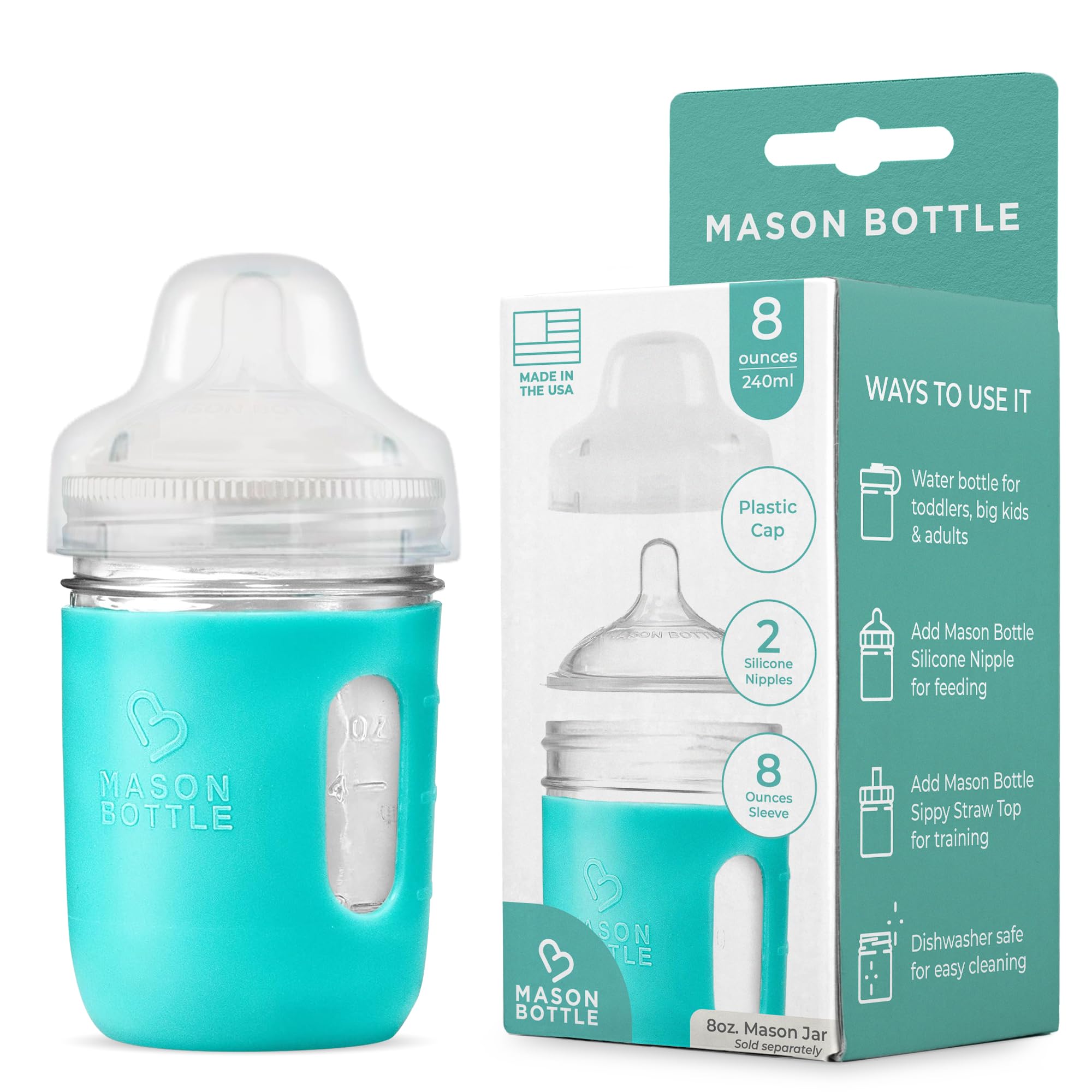 Mason Bottle Glass Baby Bottle DIY Kit for Moms – Fits 8oz Mason Jars – Includes 2X Slow Flow Nipples, Silicone Sleeve,