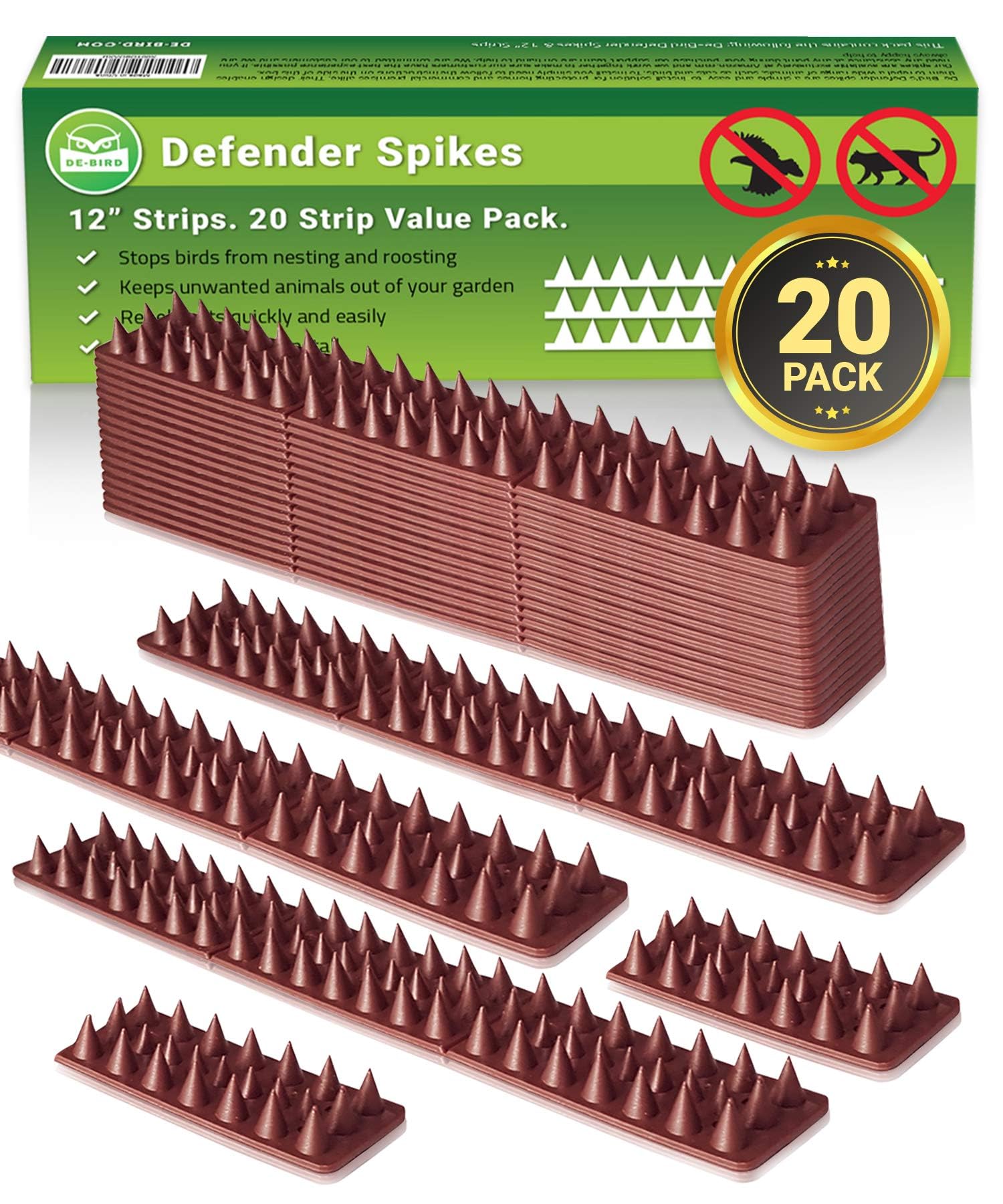 De-Bird Defender Spikes, 20 Pack Bird Deterrent, Cat and Raccoon Proofing, Yard and Deck Protection, Natural Bird Repell